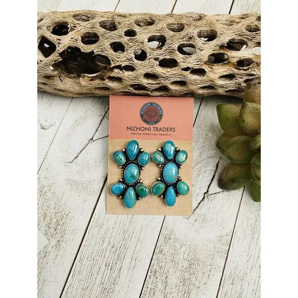 Navajo Sterling Silver & Royston Turquoise Cluster Post Earrings Signed - Picture 2 of 7